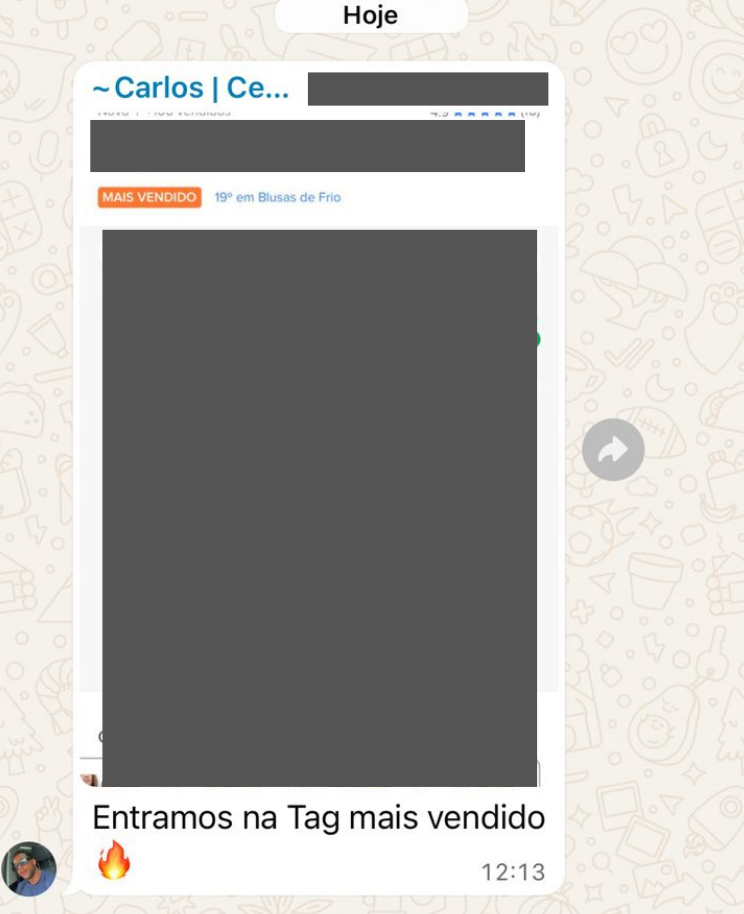 Print do WhatsApp do Carlos — produto entrou na tag Mais Vendido