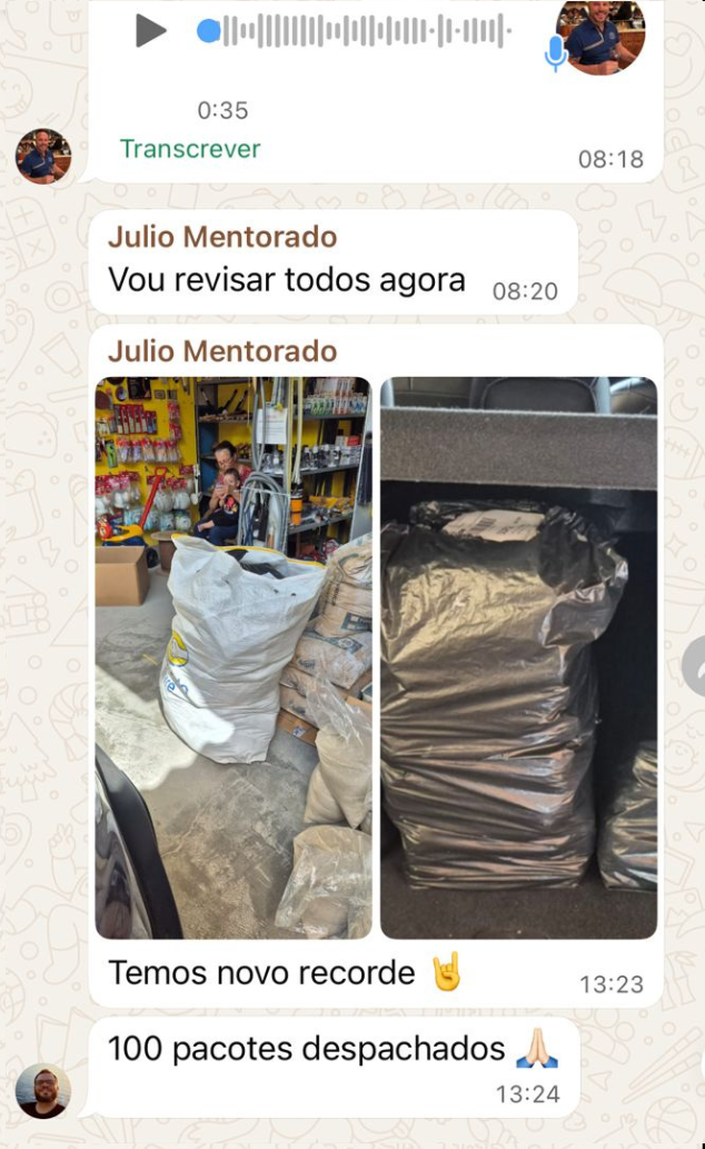 Print do WhatsApp do Julio — 100 pacotes despachados