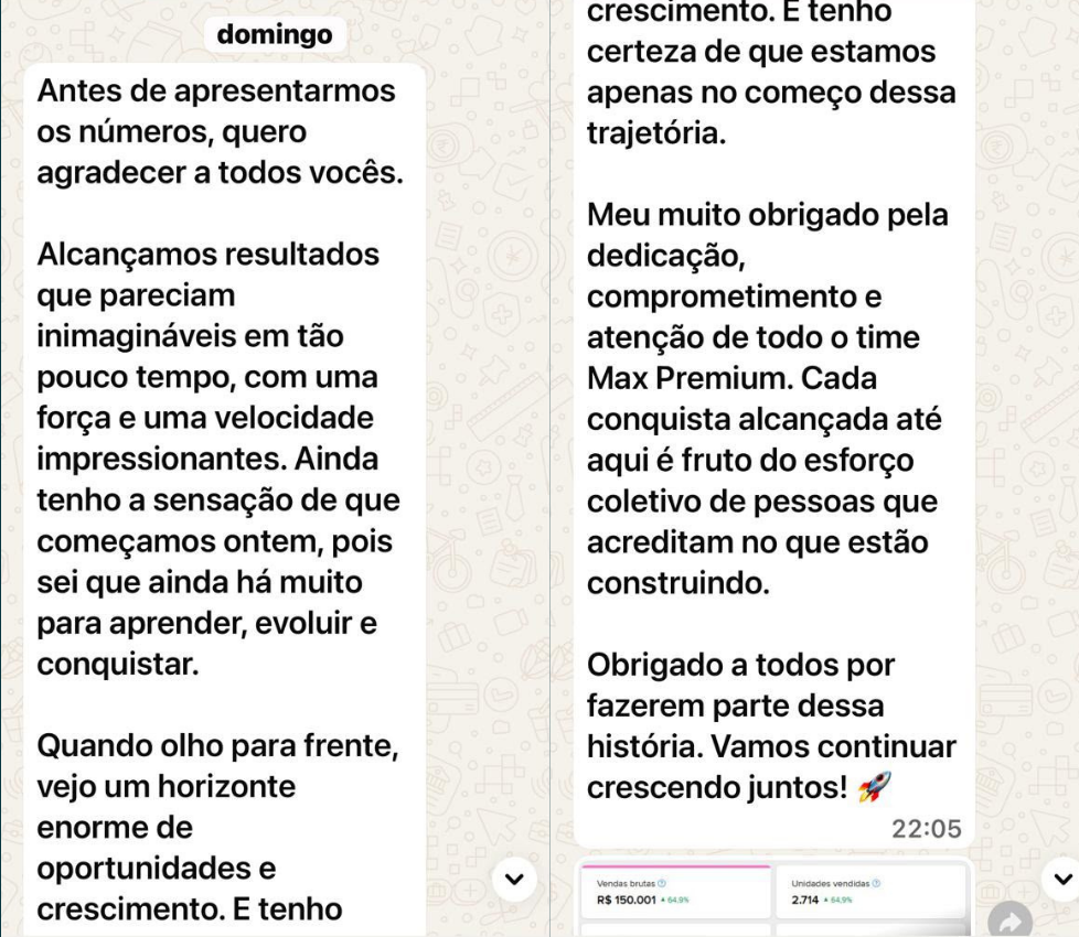 Print do WhatsApp do Julio — R$ 150.000 em vendas brutas e 2.714 unidades vendidas, crescimento de 64,9%