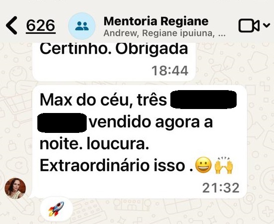 Print do WhatsApp da Regiane — três casacos Teddy vendidos em uma única noite